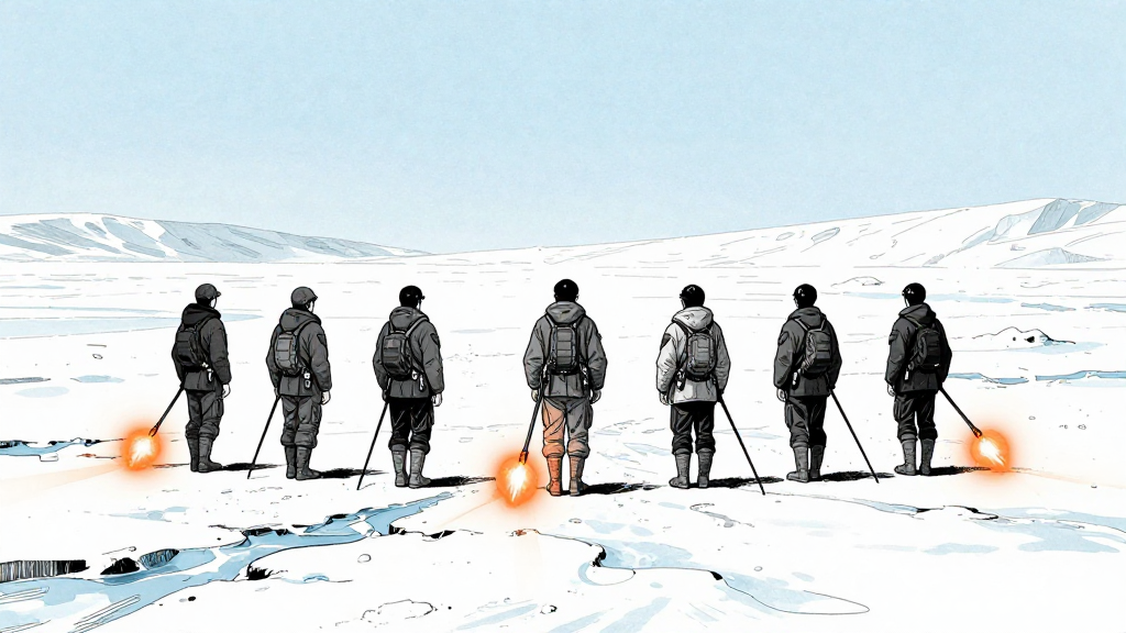 Survivors on the ice field, flares glowing orange against white.