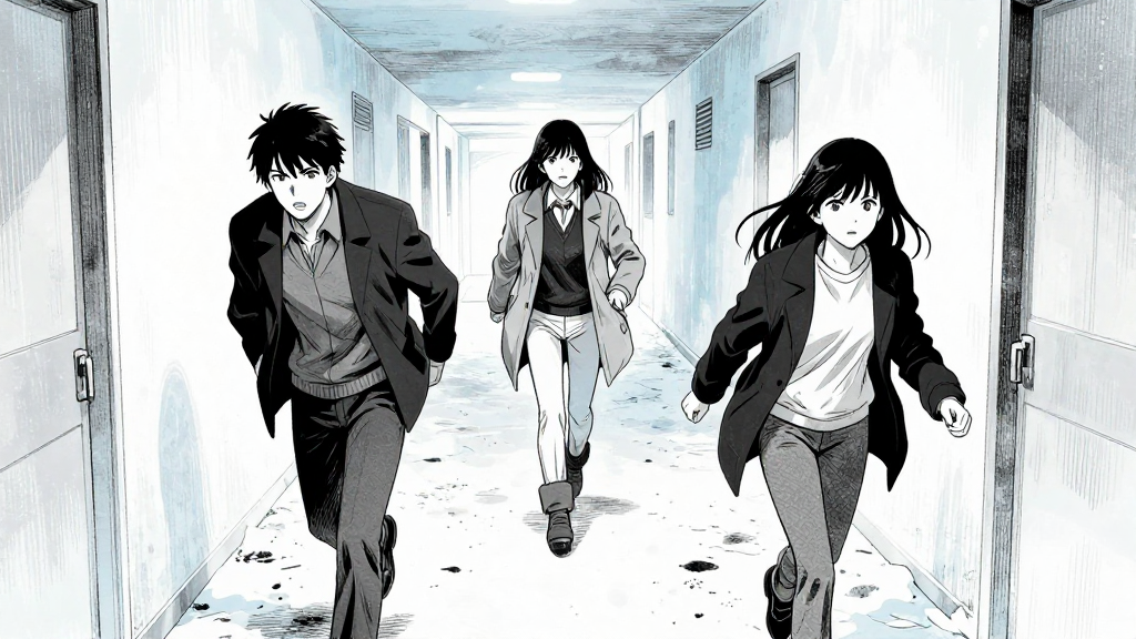 Sarah, Liam, and Elena flee through the frozen corridor.