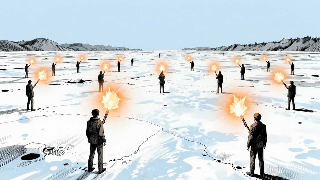 Survivors emerge onto the endless ice field. Flares ignite.