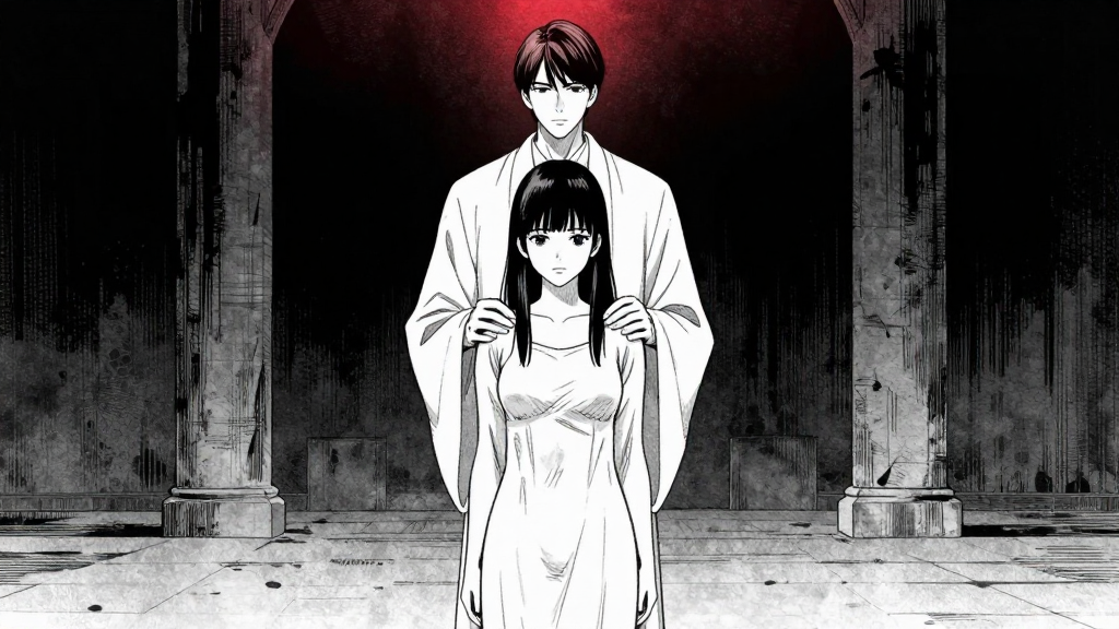 Elena stands in the center, Father Tomáš continues the ritual behind her.