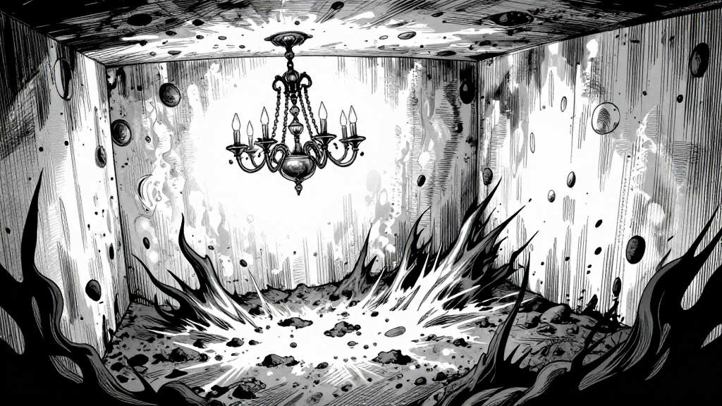 The ossuary interior, chandelier tilted, soil pulsing with eerie movement.