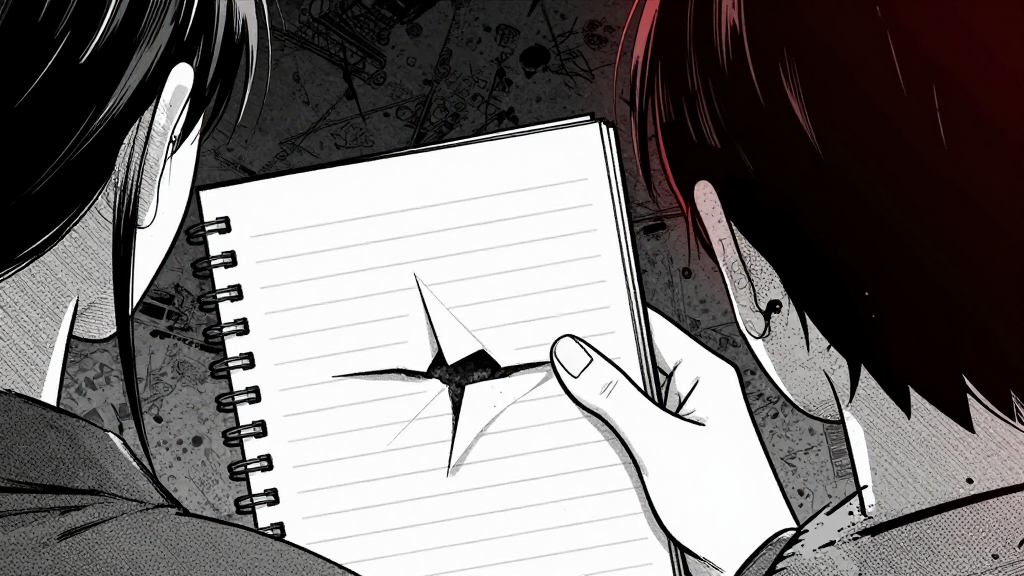 Elena stands with her hand over her notebook, torn between documenting and fleeing.