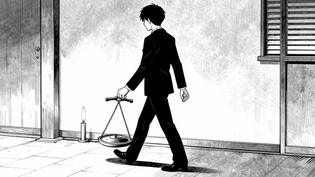 Thomas walks out, the brass scale still trembling.