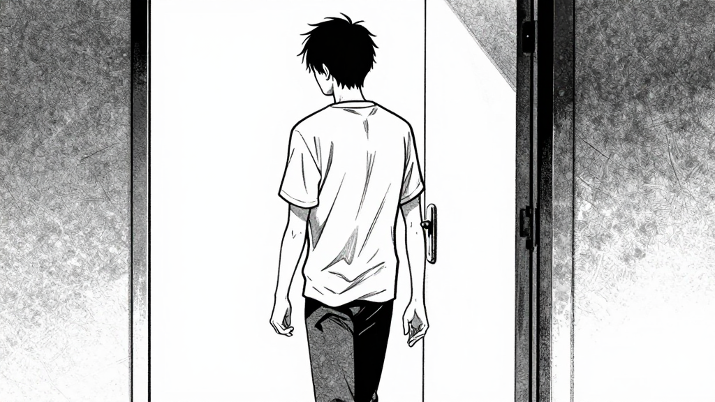 Kenji walks toward the door, his back straight but shoulders tense.
