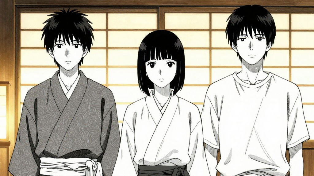 Emi stands, facing Kenji and Hiroshi, her expression calm but firm.