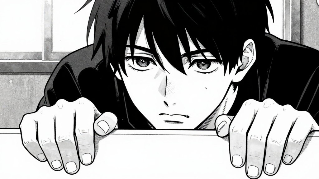 Kenji’s hand grips the edge of the table, knuckles white.