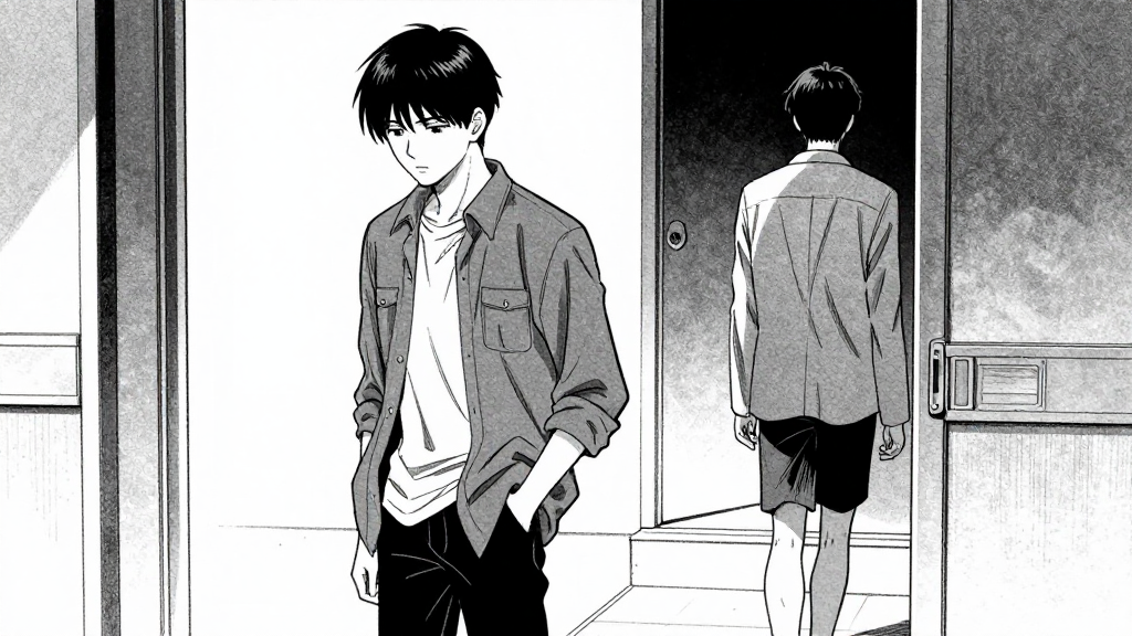 Kenji stands frozen, his hand near his waist, as Emi’s father walks away.