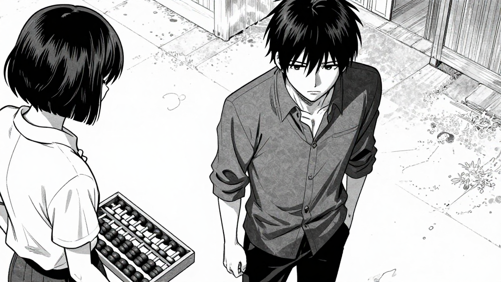 Kenji stands motionless, hand near his waist. Emi’s abacus is still.