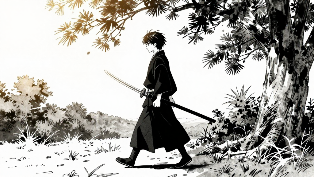 Kenji walks alone, katana glinting in the light. Wind rustles branches.