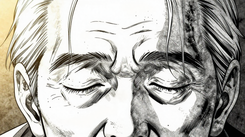 Old man’s forehead pressed to the earth, eyes closed in despair.