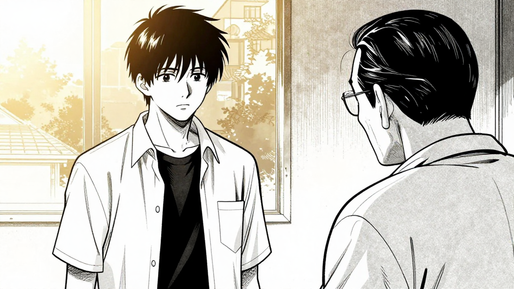 Kenji stands still, looking at the old man, conflicted.