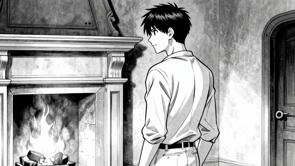 D'Éon stands in the chamber, facing the fireplace, their posture shifting from tension to quiet resolve.