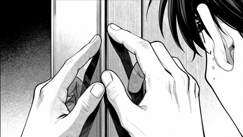 D'Éon’s fingers trace the doorframe, checking for hidden threats or listening for sounds.