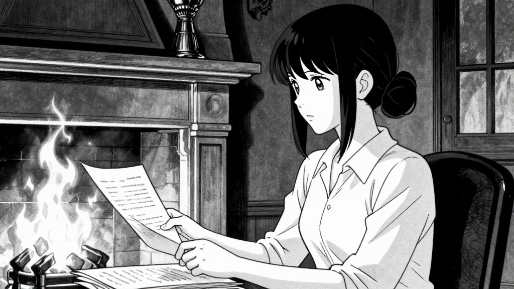 Pompadour enters a private chamber, burning documents in the fireplace with a calm, knowing look.