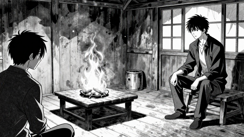 Firelight flickers, revealing the intimacy of the chamber and the tension in the air.