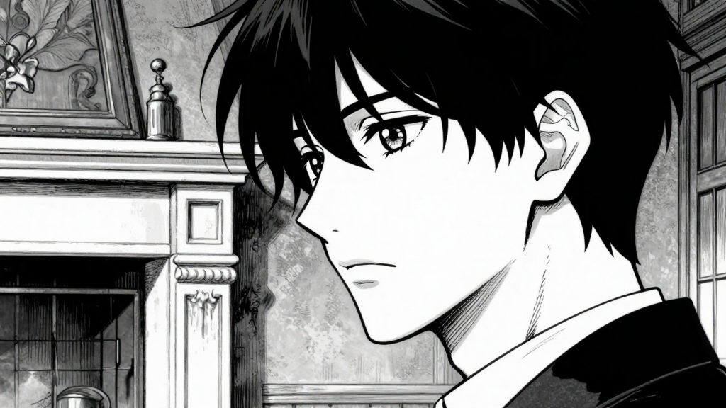 D'Éon stands in the chamber, facing the fireplace. Their face is half in shadow, half in light.