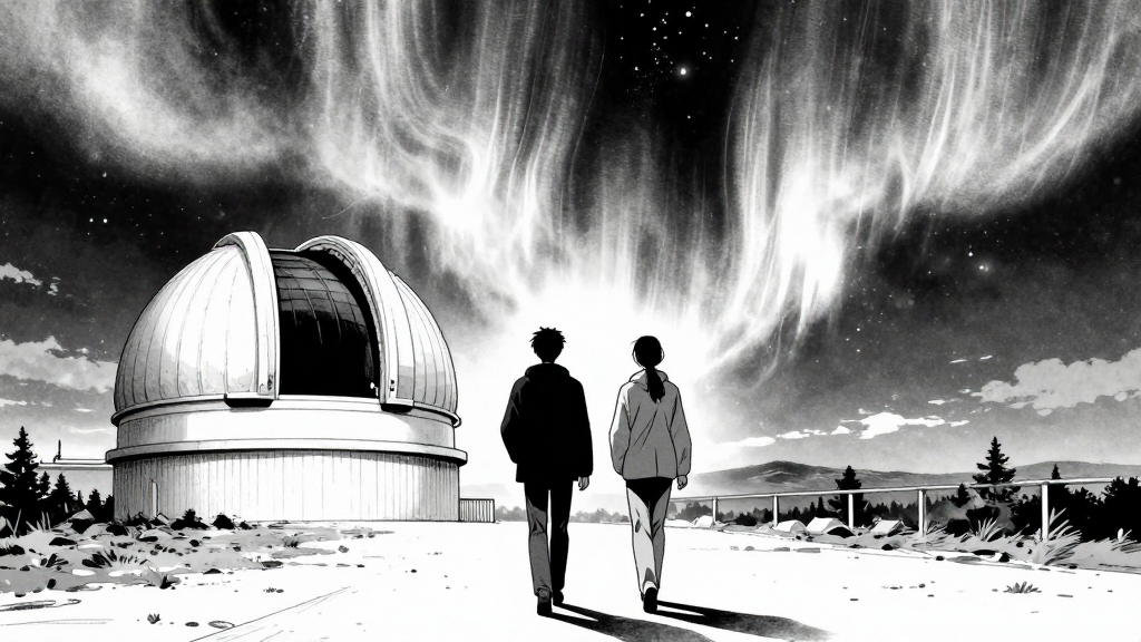 Chen and Webb walk toward the Cupola Observatory, auroras glowing behind them.
