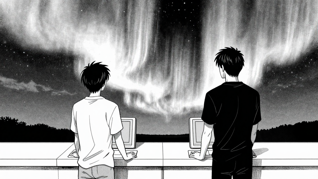 Chen and Webb stand at the shutter controls, auroras forming a perfect, unrecognizable shape.