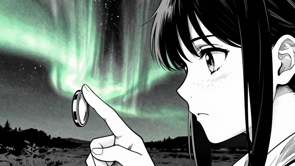 Chen presses the shutter activation button, her face illuminated by the auroras.