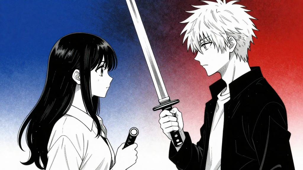 Kaori and Kurogane face each other, Kurogane’s blade raised, Kaori’s hand on her hilt.