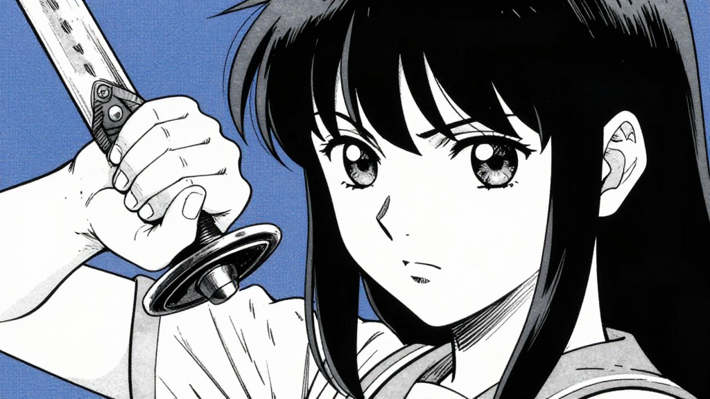 Kaori’s hand grips Akari’s hilt tightly, her face determined.