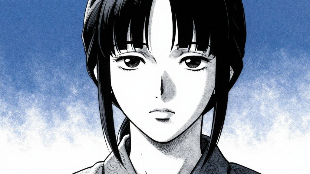 Kaori’s face, calm and resolute, as she stands in the dojo.