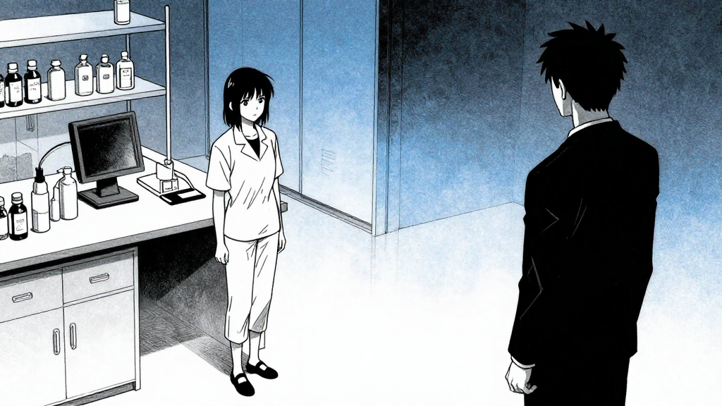 Elena stands at the edge of the lab, the Archivist watching from the shadows.