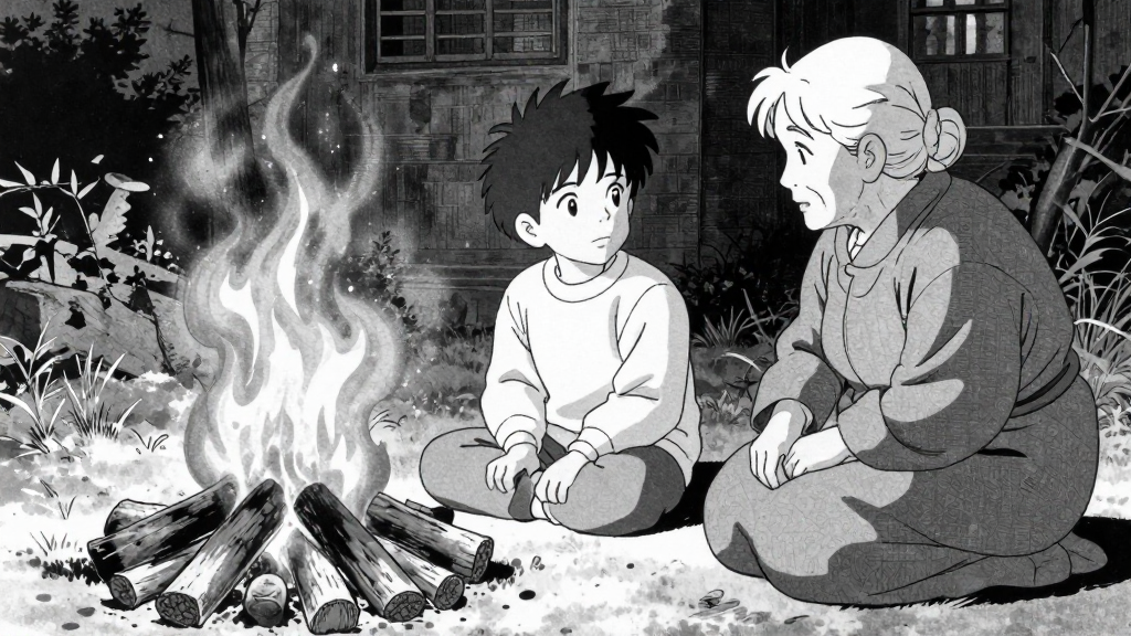 A young Amit sits by a fire, listening to his grandmother’s stories.