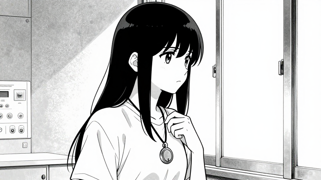 Elena touches her pendant, conflicted, as she stares at the lab window.