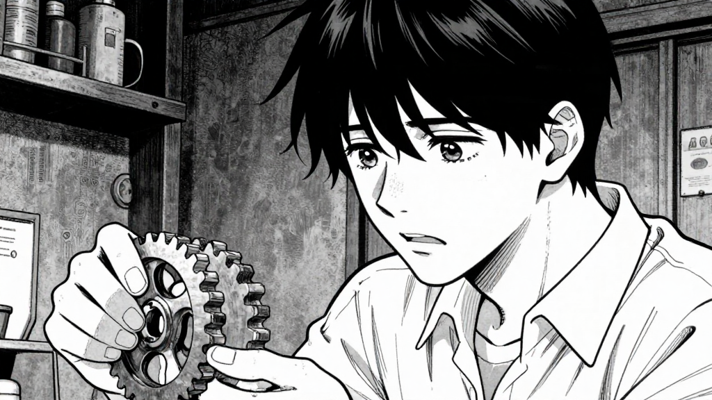 Elias alone in the workshop, clutching a gear. Internal thought visible.