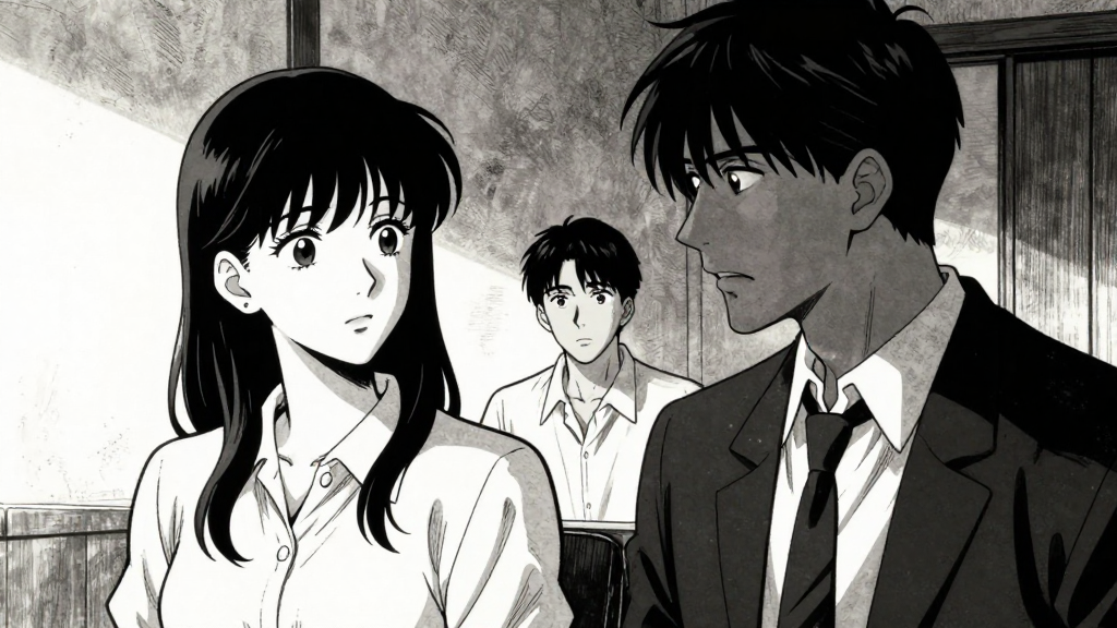 Clara and Blackwood in conversation, with Elias in the background, listening intently.