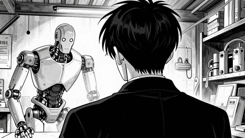 Elias’s POV shot of Blackwood’s back, the workshop around them. The automaton’s eyes seem to watch.