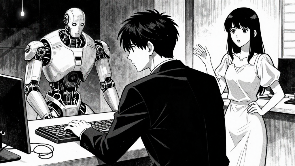 Blackwood retreating to his work, ignoring Clara’s protests. The automaton hums in the background.