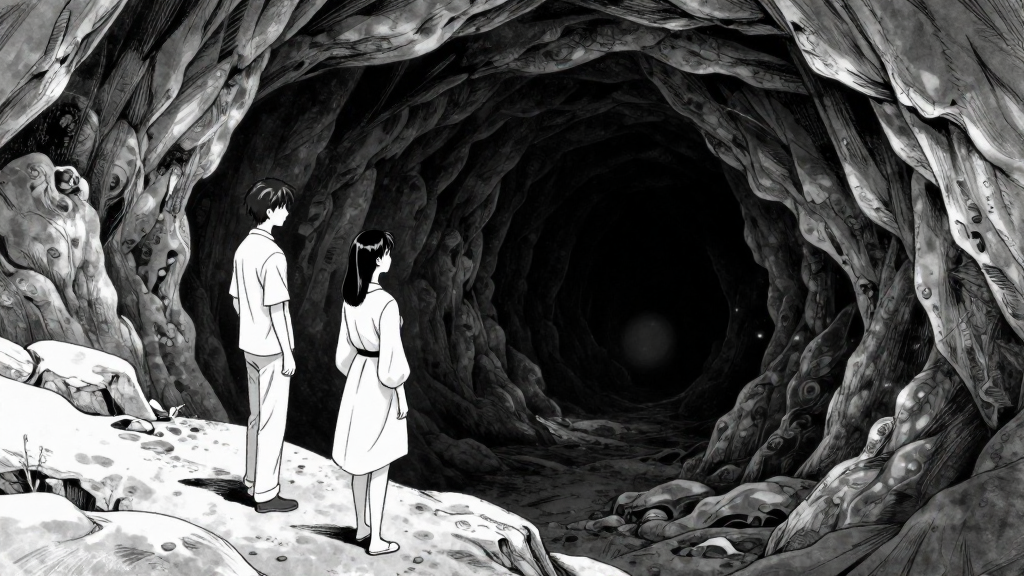 Lin Fei and Yue Qing stand at the edge of the Breathing Cave, looking down into the dark.