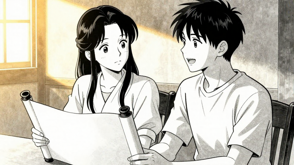 Lin Fei and Yue Qing in quiet conversation, facing the scroll.