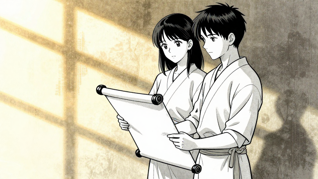 Yue Qing and Lin Fei standing together, scroll in hand.