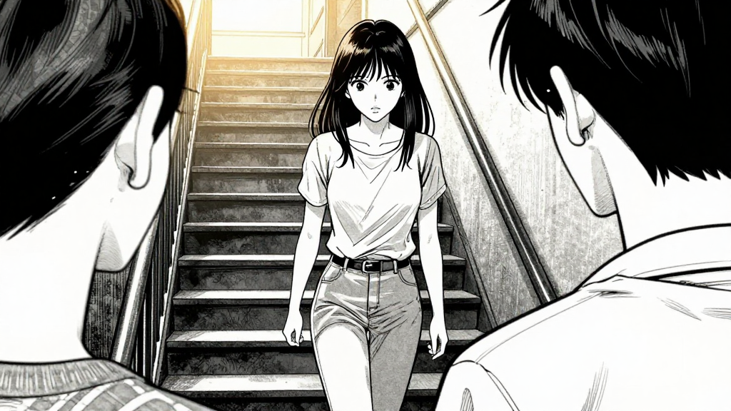 Lin Fei follows Yue Qing down the hidden stairs, cautious and hopeful.