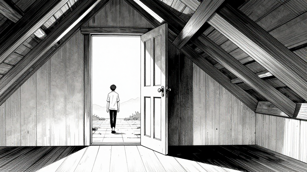 The attic is illuminated by morning light, the door slightly ajar as footsteps echo in the distance.