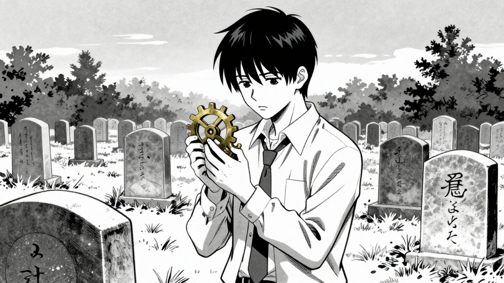 Elias stands among the graves, clutching a brass gear in his trembling hands.