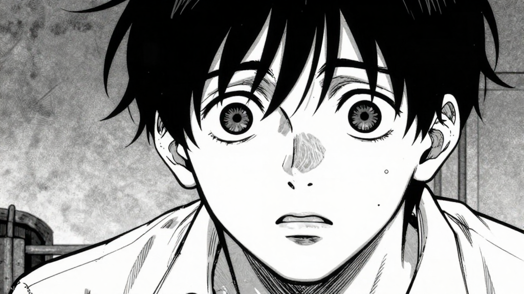 Close-up of Elias’s face, eyes wide with guilt and fear as the dead rise around him.