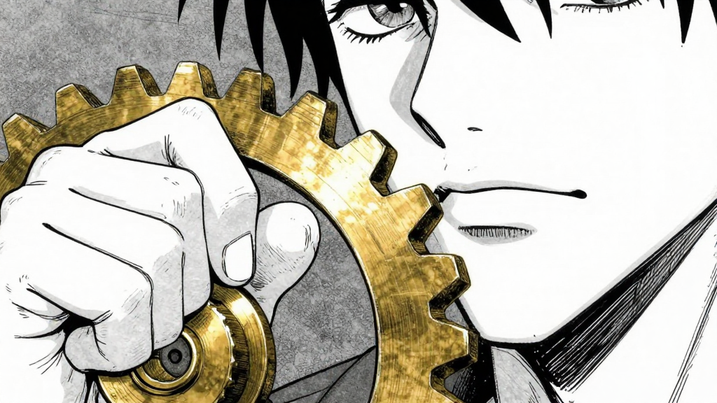 Close-up of the brass gear as Elias grips it tightly, fingers digging into the metal.