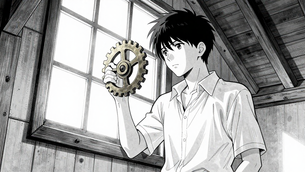 Elias wakes in the attic, sunlight streaming through the window as he clutches the brass gear.