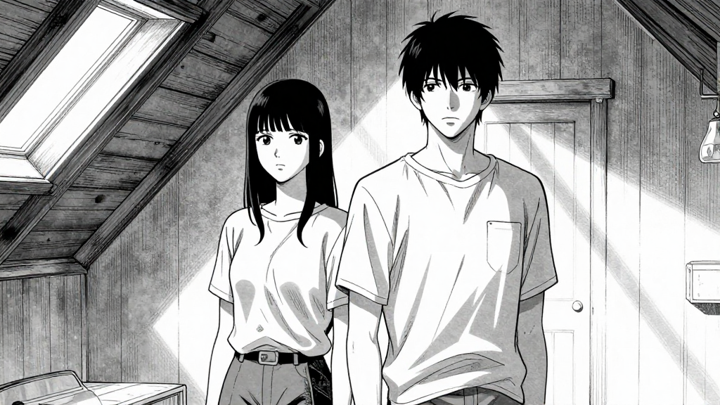 Clara and Elias stand in the attic, the light casting long shadows across the room.