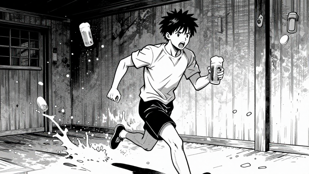 Thomas runs through the Vat Room as beer crashes through the walls behind him.