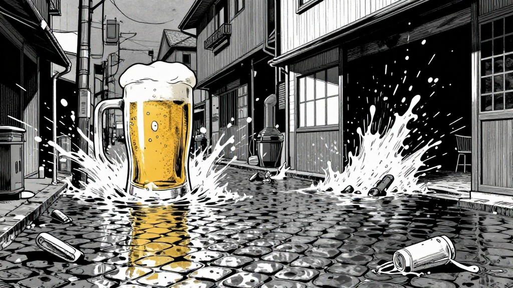 The flood has reached the streets, beer surging through cobblestone lanes with debris and bodies floating.