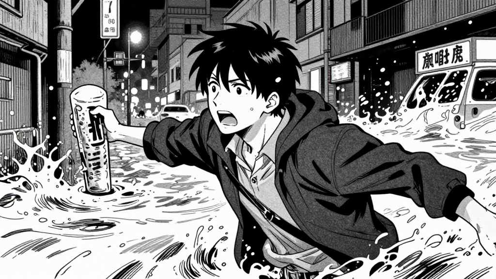 Thomas reaches the street, breathless, as the flood continues to rise behind him.