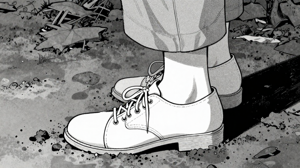 Eleanor’s shoe appears in the mud, stark and practical in the cold light.