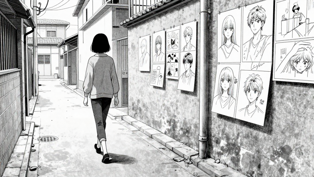 Eleanor walks purposefully through the alley, not furtively, toward the sketches.
