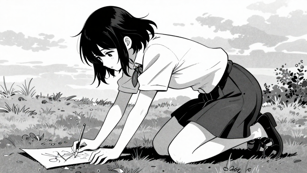 Eleanor bends to pick up a sketch from the ground, her movements deliberate.