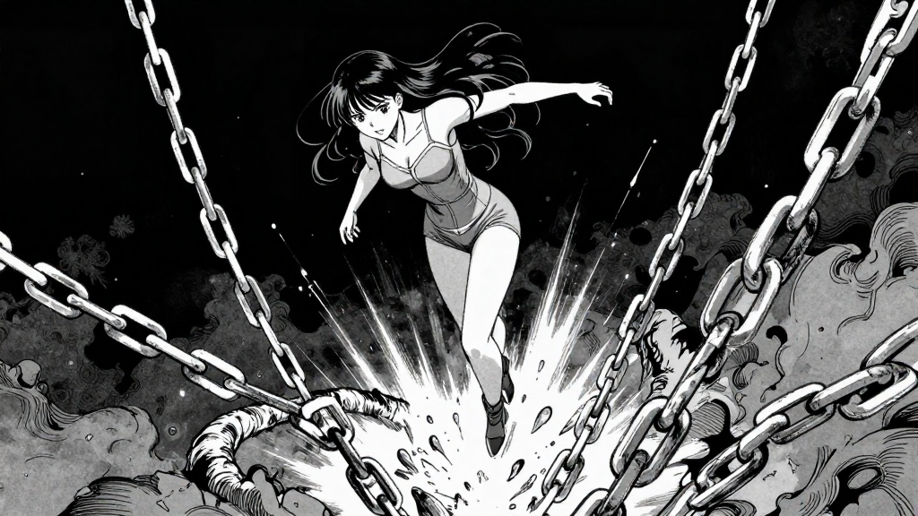 Mira steps into the Abyss, chains dissolving as she descends.